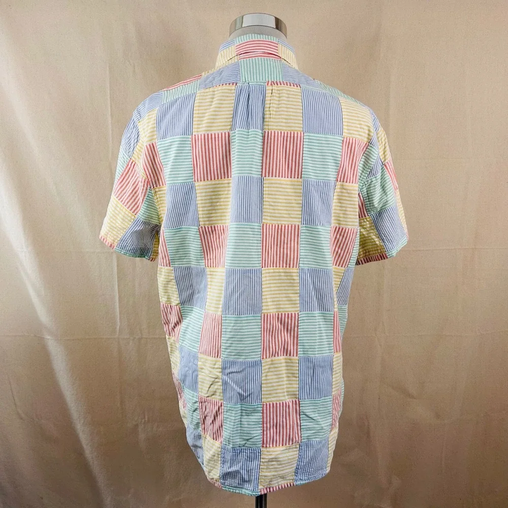 J. Crew XL Slim Seersucker Shirt Short Sleeve Button Down Multicolor Patchwork